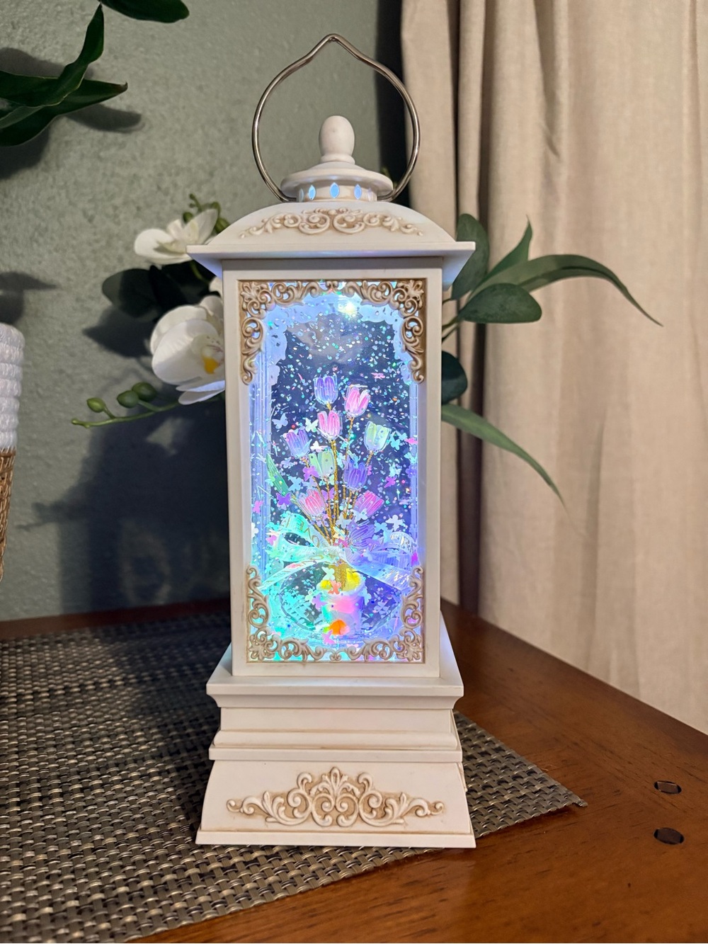 LED Glitter Water Spinner Lantern Tulip Floral Music Light USB Decor